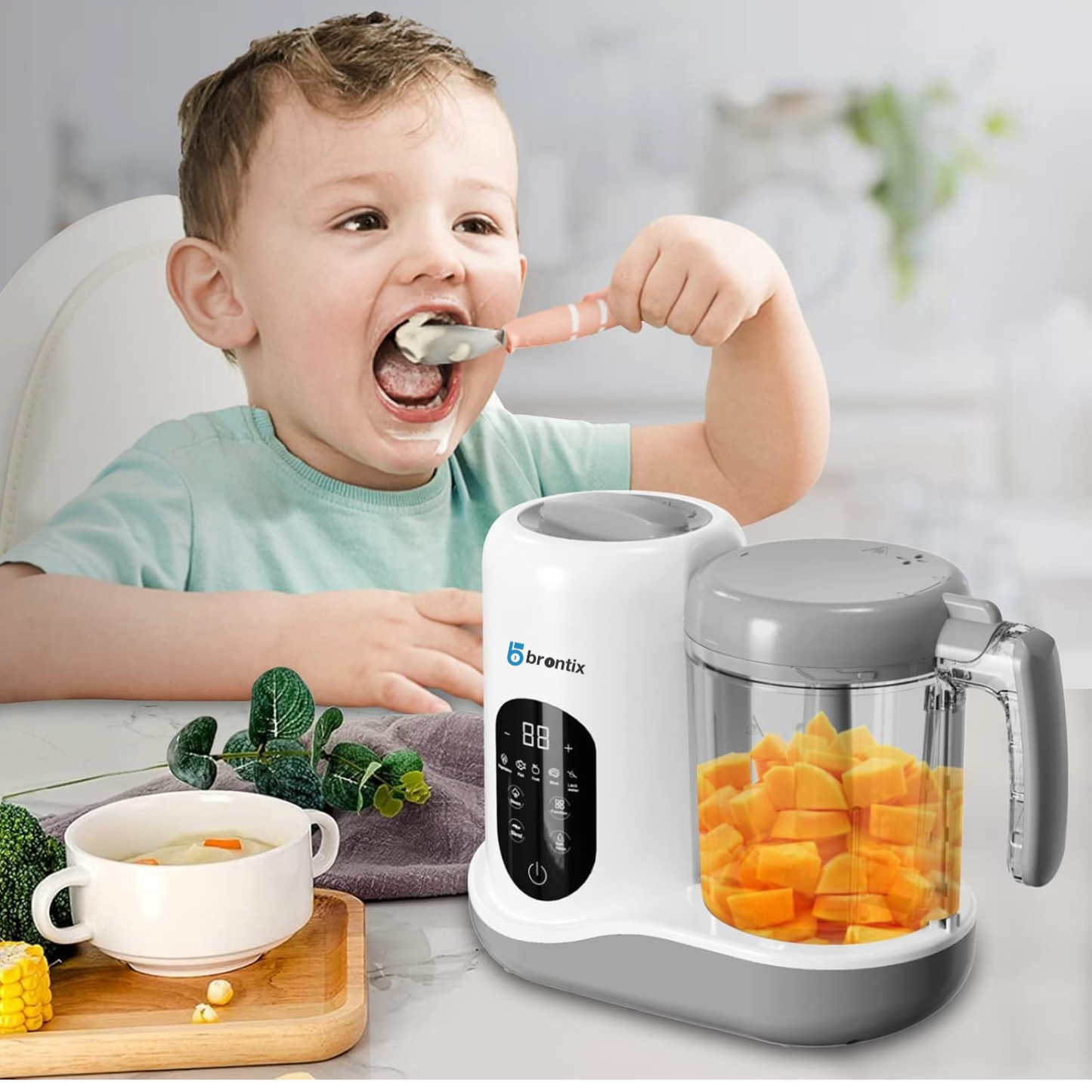 BRONTIX Baby Food Steamer & Processor, Steamer for Baby Food Cooking with Touch Screen Control, Self Clean, Blender for Baby Food Puree, Includes 2 Food Bowls, Spatula & Silicone Spoon
