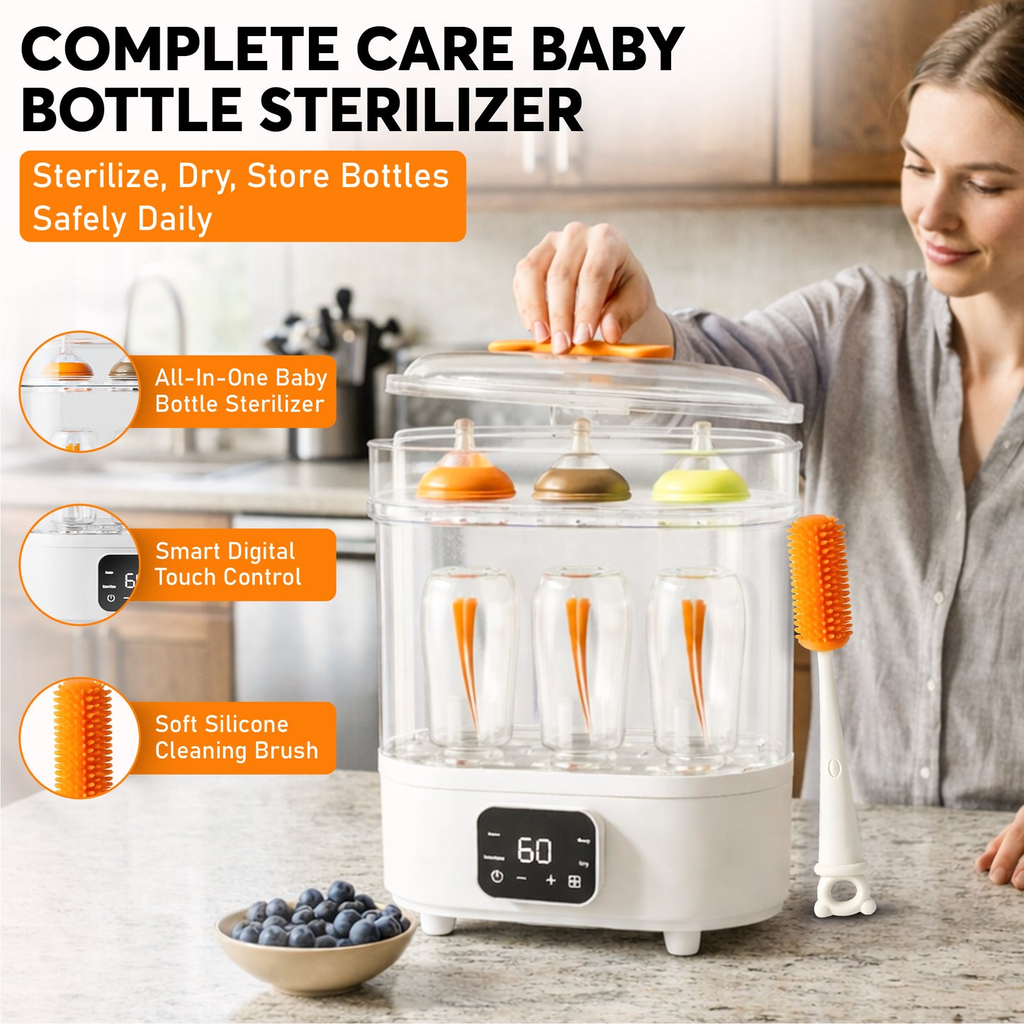 BRONTIX 4 in 1 Sterilizer and Dryer for Feeding Bottles with Cleaning Set, Sterilizer for Baby Products, Bottle Sterilizer & Baby Bottle Sterilizer
