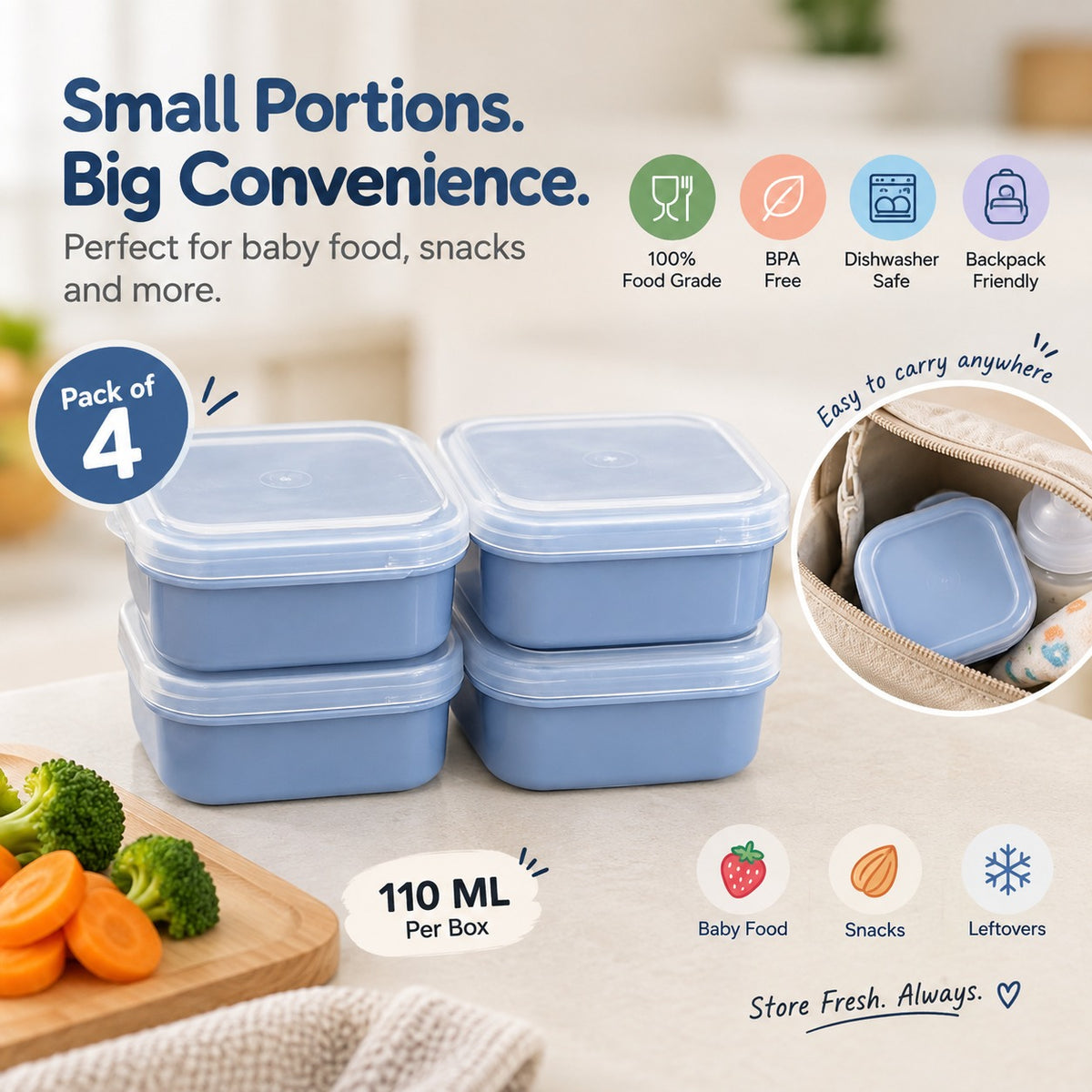 Baby Food Storage Containers, 110 ml Each, Pack of 4, BPA-Free Food Grade Containers for Baby Food, Snacks & Leftovers, Dishwasher Safe, Travel & Backpack Friendly