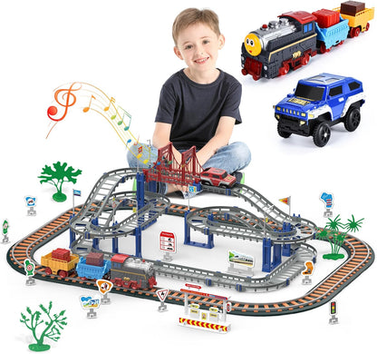Dinosaur Toy Train with Track Set | Train Set for Kids 5+ Years with Car | Rollercoaster Tracks & Bridges | Long Track Train with Adjustable Rails | Big Size Train Toys for Boys 7-14 Years