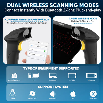 Brontix X2-Cordless 2D & 1D Super Fast Barcode Scanner Wireless & Wired 2.4GHz | QR Code Scanner Rechargeable | USB Handheld Barcode Reader with Induction Scanning, Built-in Light, ABS Body