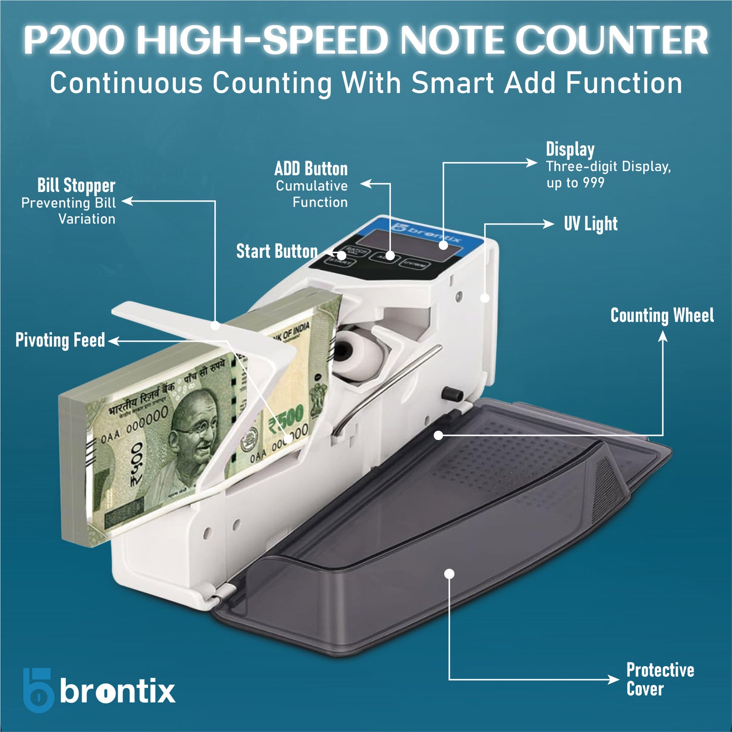 BRONTIX P200 Portable Money Counting Machine with Value, Add and batch function | LED Display Note Counting Machine  Cash Counter Machine Mini with UV/WM Detection, Currency Counting Machine for Home