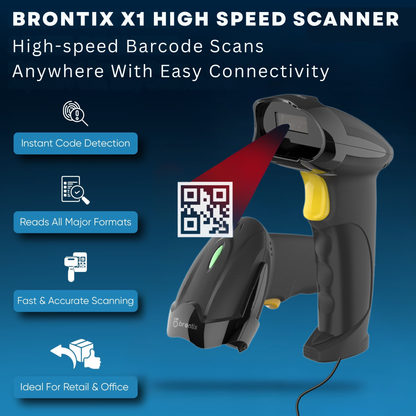Brontix X1-Barcode Scanner Wired 2D & 1D Super Fast | QR Code Scanner Rechargeable | Handheld Barcode Reader with Induction Scanning, Built-in Light, ABS Body