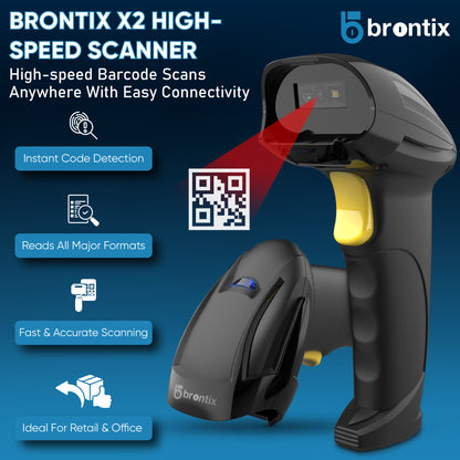 Brontix X2-Cordless 2D & 1D Super Fast Barcode Scanner Wireless & Wired 2.4GHz | QR Code Scanner Rechargeable | USB Handheld Barcode Reader with Induction Scanning, Built-in Light, ABS Body