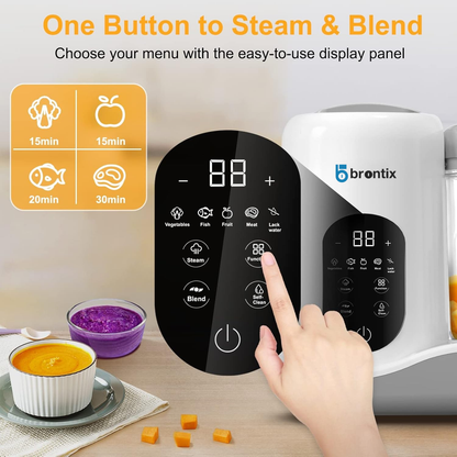 BRONTIX Baby Food Steamer & Processor, Steamer for Baby Food Cooking with Touch Screen Control, Self Clean, Blender for Baby Food Puree, Includes 2 Food Bowls, Spatula & Silicone Spoon