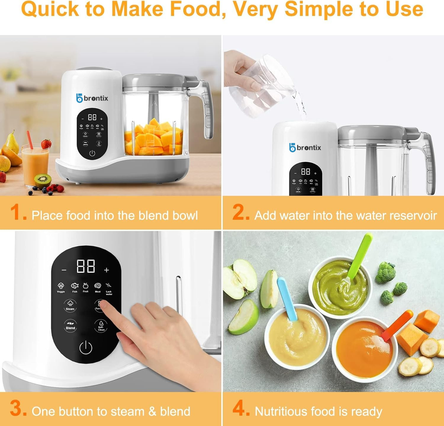 BRONTIX Baby Food Steamer & Processor, Steamer for Baby Food Cooking with Touch Screen Control, Self Clean, Blender for Baby Food Puree, Includes 2 Food Bowls, Spatula & Silicone Spoon