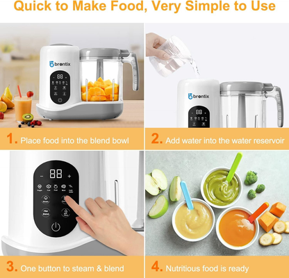 BRONTIX Baby Food Steamer & Processor, Steamer for Baby Food Cooking with Touch Screen Control, Self Clean, Blender for Baby Food Puree, Includes 2 Food Bowls, Spatula & Silicone Spoon