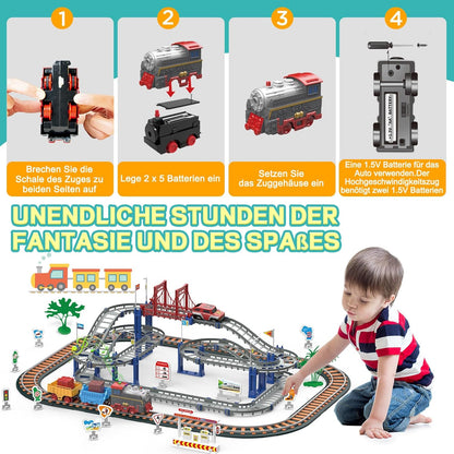 Dinosaur Toy Train with Track Set | Train Set for Kids 5+ Years with Car | Rollercoaster Tracks & Bridges | Long Track Train with Adjustable Rails | Big Size Train Toys for Boys 7-14 Years