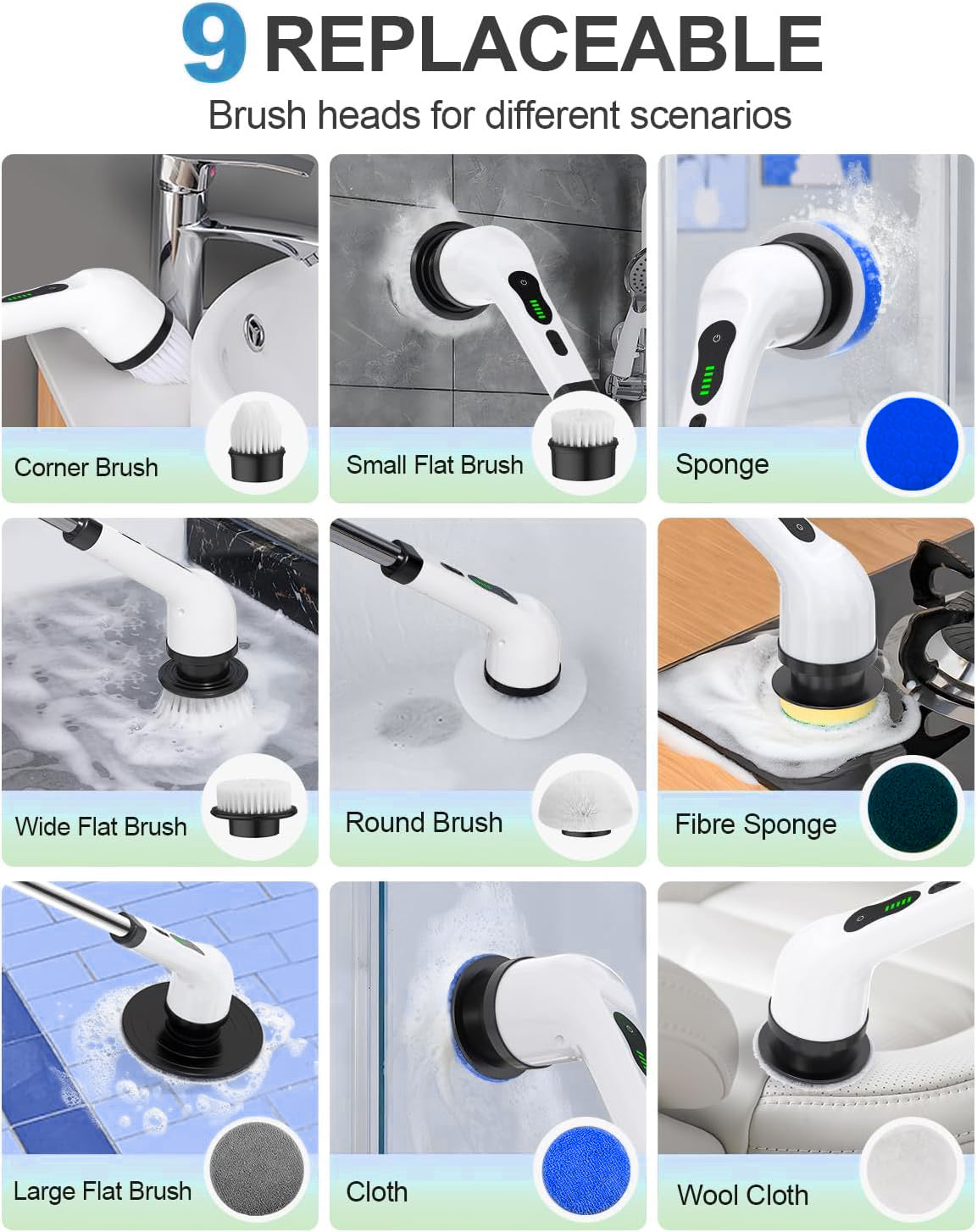 BRONTIX 9 in 1 Cordless Electric Spin Scrubber - Cleaning Brush for Home, Electric Mop Machine for Floor, Bathroom Cleaning