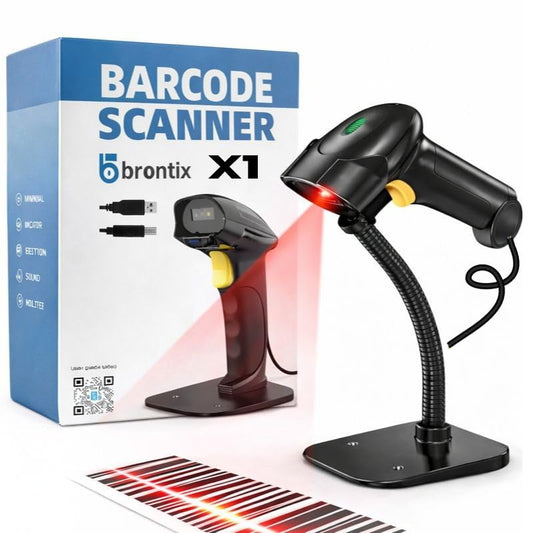 Brontix X1 Wired+Stand 2D & 1D Super Fast | QR Code Scanner Rechargeable | Handheld Barcode Reader with Induction Scanning, Built-in Light, ABS Body Barcode Scanner (X1 - Wired + Stand)