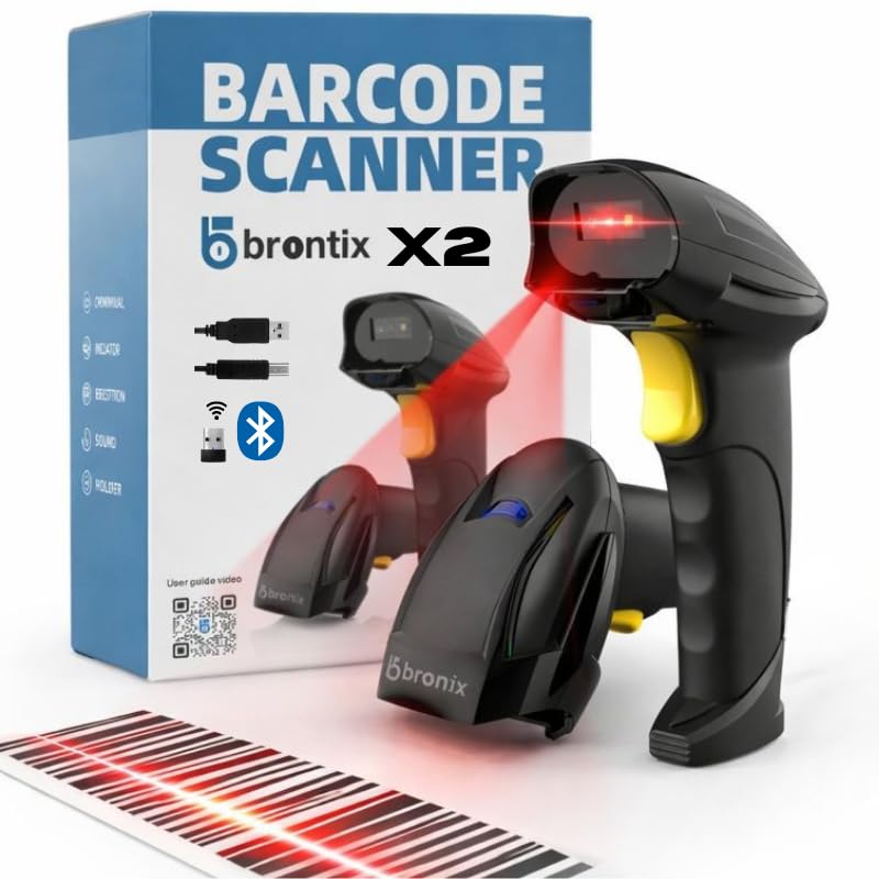 Brontix X2-Cordless 2D & 1D Super Fast Barcode Scanner Wireless & Wired 2.4GHz | QR Code Scanner Rechargeable | USB Handheld Barcode Reader with Induction Scanning, Built-in Light, ABS Body