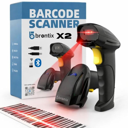 Brontix X2-Cordless+Stand 2D & 1D Super Fast Barcode Scanner Wireless & Wired 2.4GHz | QR Code Scanner Rechargeable | USB Handheld Barcode Reader with Induction Scanning, Built-in Light, ABS Body