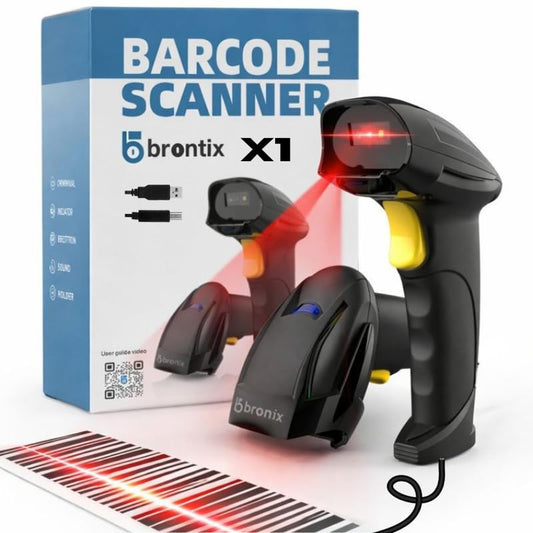 Brontix X1-Barcode Scanner Wired 2D & 1D Super Fast | QR Code Scanner Rechargeable | Handheld Barcode Reader with Induction Scanning, Built-in Light, ABS Body