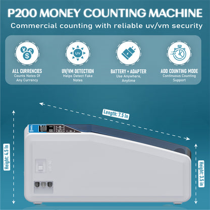 BRONTIX P200 Portable Money Counting Machine with Value, Add and batch function | LED Display Note Counting Machine  Cash Counter Machine Mini with UV/WM Detection, Currency Counting Machine for Home