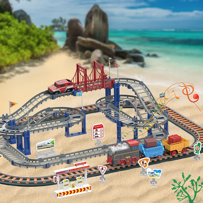 Dinosaur Toy Train with Track Set | Train Set for Kids 5+ Years with Car | Rollercoaster Tracks & Bridges | Long Track Train with Adjustable Rails | Big Size Train Toys for Boys 7-14 Years
