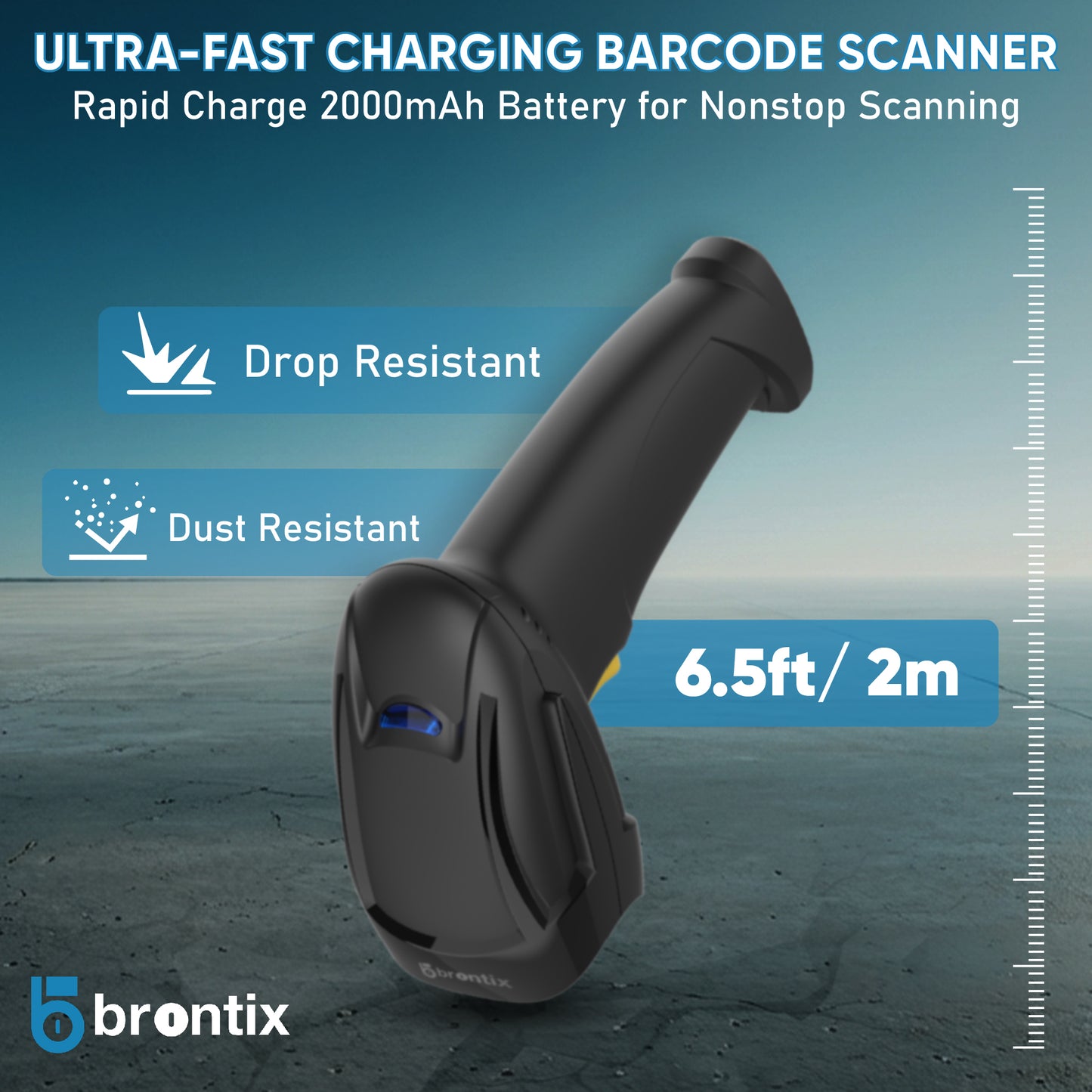 Brontix X2-Cordless 2D & 1D Super Fast Barcode Scanner Wireless & Wired 2.4GHz | QR Code Scanner Rechargeable | USB Handheld Barcode Reader with Induction Scanning, Built-in Light, ABS Body