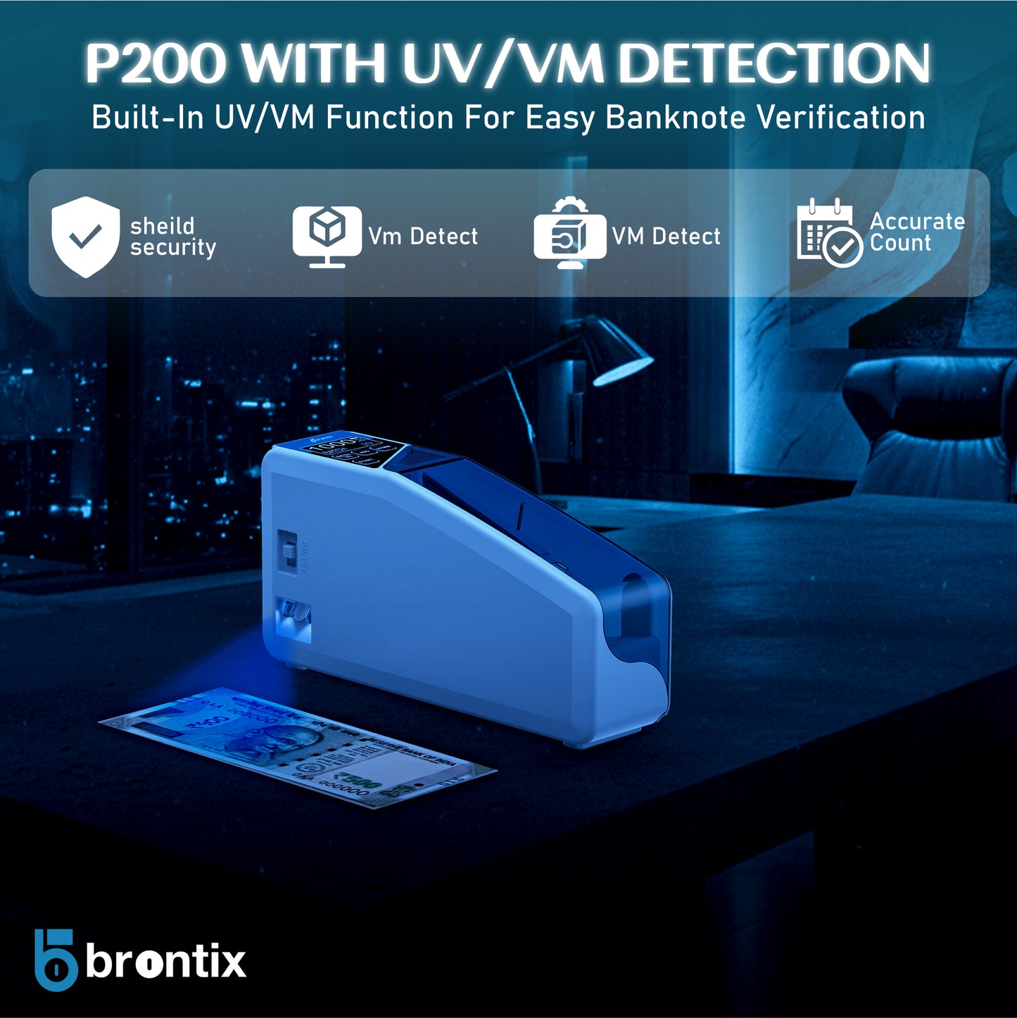 BRONTIX P200 Portable Money Counting Machine with Value, Add and batch function | LED Display Note Counting Machine  Cash Counter Machine Mini with UV/WM Detection, Currency Counting Machine for Home