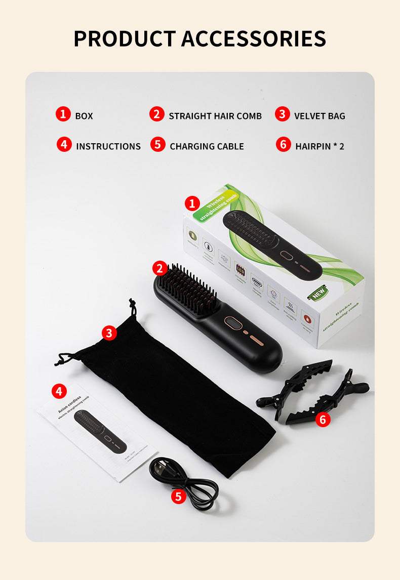 Cordless Hair Straightener Brush  – Portable Negative Ion Hair Styler