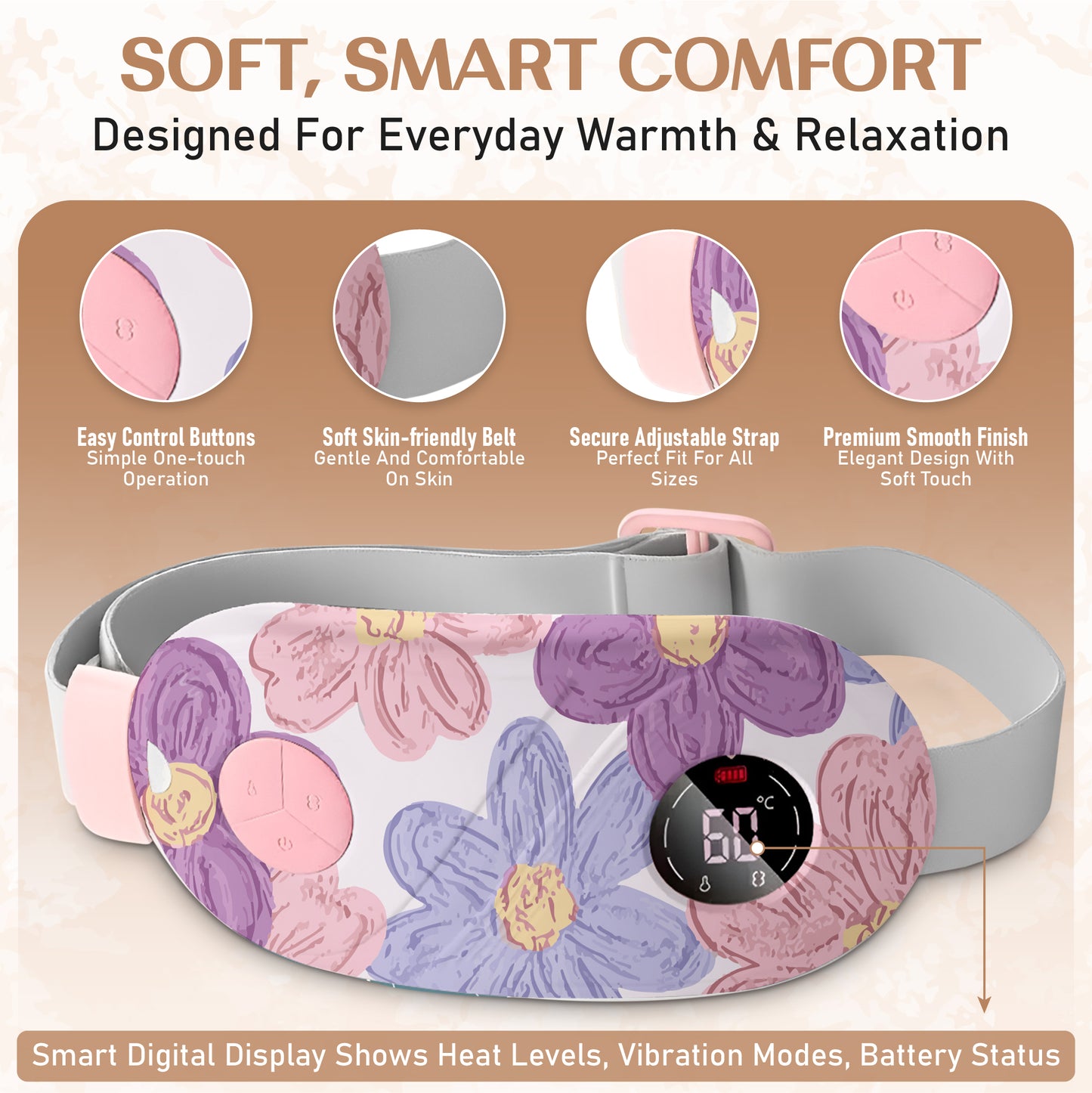 BRONTIX Period Cramp Relief Massager for Women Massage Modes Electric Periods Cramp Massager Perfect Gifts for Woman(Pastel bloom)