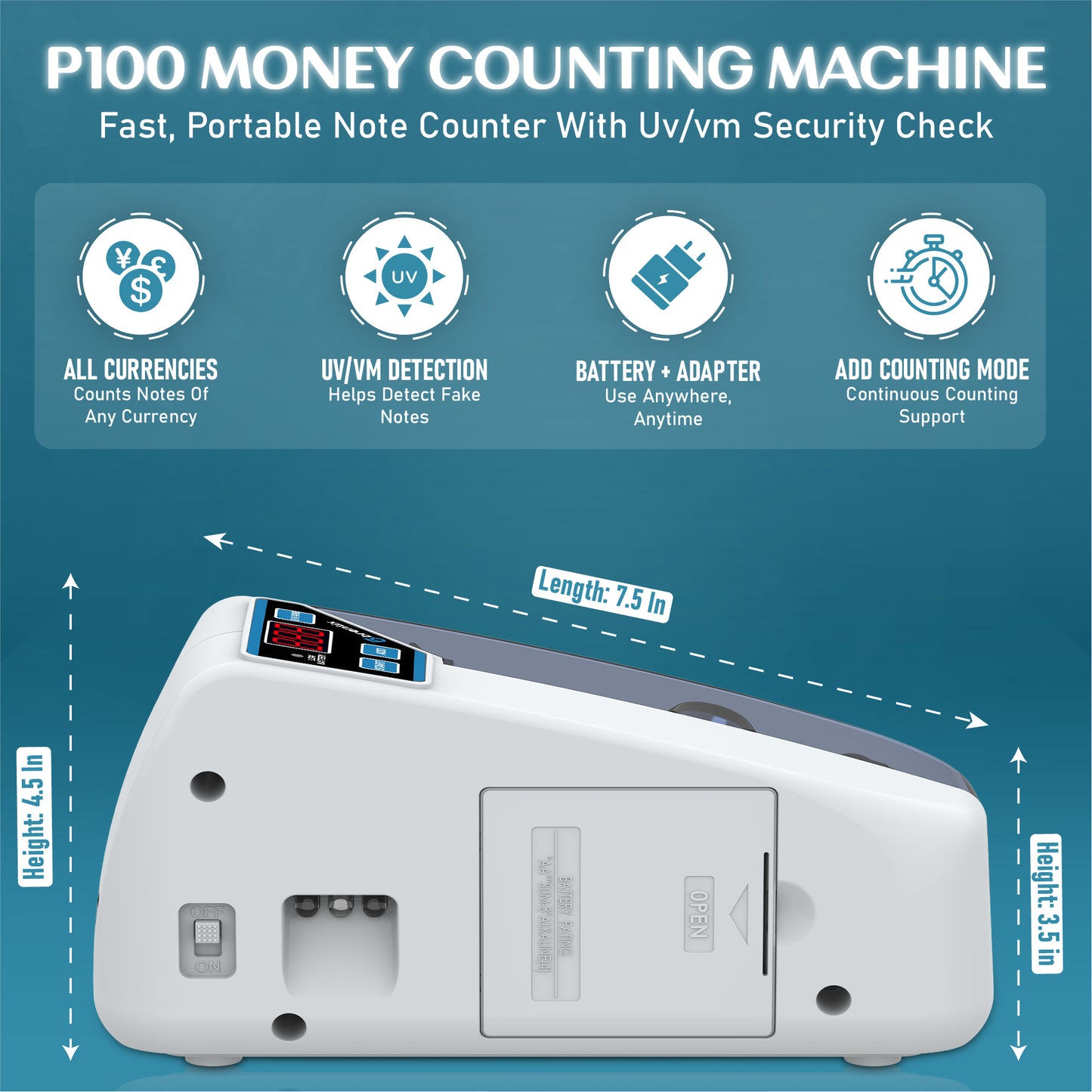 BRONTIX P-100 Money Counting Machine Mini | LED Display Note Counting Machine Cash Counter Machine Mini with UV/WM Detection, Auto Shut-Off Currency Counting Machine for Home (Portable Bundle)