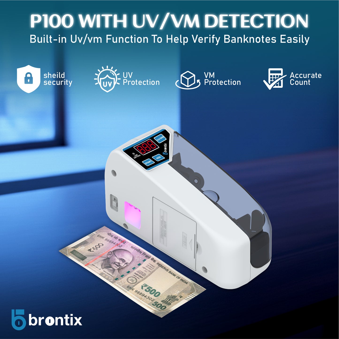 BRONTIX P-100 Money Counting Machine Mini | LED Display Note Counting Machine Cash Counter Machine Mini with UV/WM Detection, Auto Shut-Off Currency Counting Machine for Home (Portable Bundle)